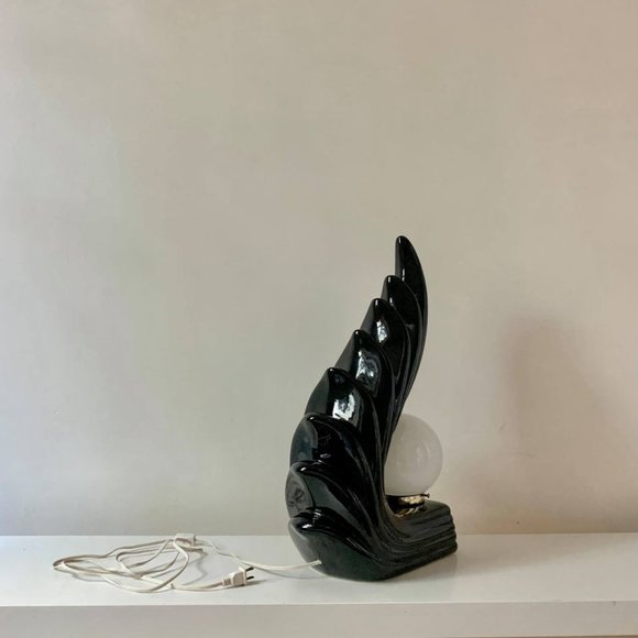 Mid Century Art Deco Wave Lamp in Black Glazed Ceramic - Picture 5 of 8